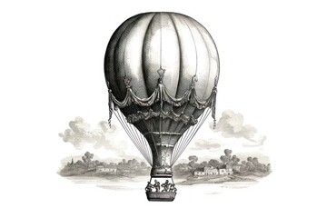 Sticker - Vintage hot air balloon engraving on white.