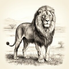 Sticker - Vintage-style illustration of an Asiatic lion, reminiscent of 1800s engravings, on white background.