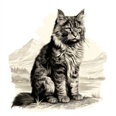 Sticker - Vintage Engraved Bay Cat Illustration on White Background in 1800s Style