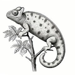 Wall Mural - Vintage Chameleon Engraving in 1800s Style on White Background.