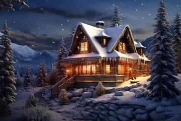 Poster - Winter cabin: cozy & snow-covered!