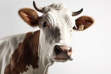 Portrait Of A White Cow With Brown Spots On A White Background