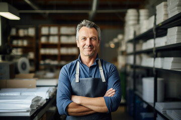 Wall Mural - Portrait of smiling mature man standing with arms crossed in printing shop.