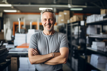 Sticker - Portrait of smiling mature man standing with arms crossed in printing shop.