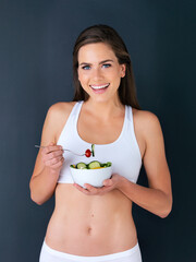 Wall Mural - Salad, woman and diet portrait with fitness, health and nutrition of meal with a smile in studio. Workout, happy and female model with exercise and training with healthy food and vegetables for care