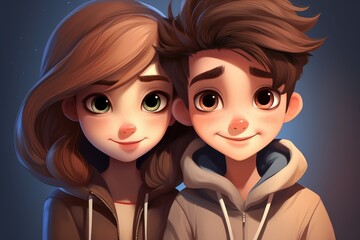 Cartoon brother and sister with brown hairs and beautiful big eyes