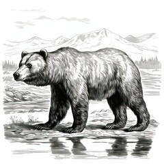 Canvas Print - Vintage-style illustration of Kodiak bear engraved as in 1800s, on white background.