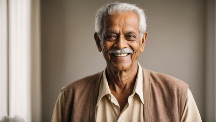 Old indian man smiling with plain white background 