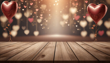 Valentines day background with heart shaped balloons and empty wooden table