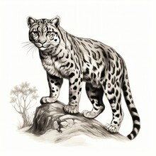 1800s Style Sunda Clouded Leopard Vintage Engraving Illustration On White Background