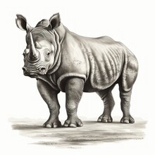 Vintage Engraving Style Illustration Of Sumatran Rhinoceros On White Background, Reminiscent Of The 1800s