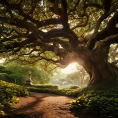 Poster - Radiant sun-rays peeking through aged tree foliage in a vibrant garden.