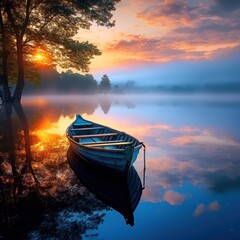 Canvas Print - Serene misty morning sunrise on tranquil waters.