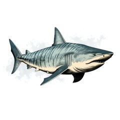Wall Mural - Vintage-style engraving of a Tiger Shark on a white background, reminiscent of 1800s illustrations.