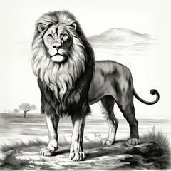 Poster - Vintage-style illustrated White Background of West African Lion resembling 1800s engraving