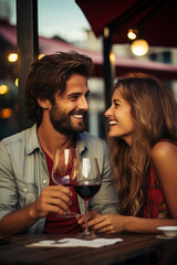 Wall Mural - Couple enjoying romantic dinner at restaurant terrace