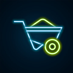 Wall Mural - Glowing neon line Wheelbarrow icon isolated on black background. Tool equipment. Agriculture cart wheel farm. Colorful outline concept. Vector
