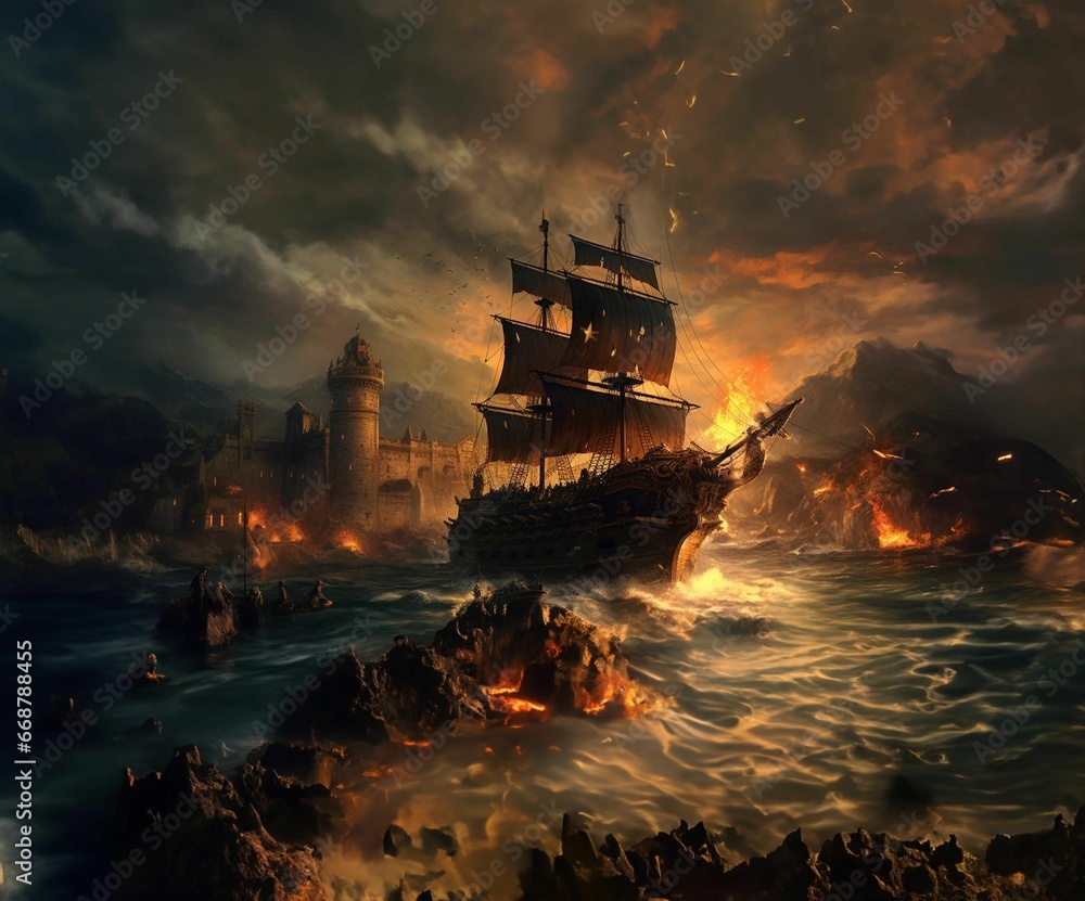 An AI illustration of a pirate ship that is sinking at night near the ...