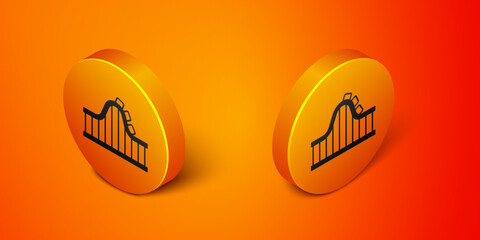 Poster - Isometric Roller coaster icon isolated on orange background. Amusement park. Childrens entertainment playground, recreation park. Orange circle button. Vector