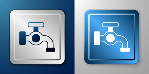 Poster - White Water tap icon isolated on blue and grey background. Silver and blue square button. Vector