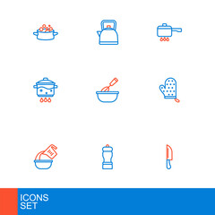 Sticker - Set line Knife, Pepper, Measuring cup and bowl, Oven glove, Cooking pot on fire, whisk with, and Kettle handle icon. Vector