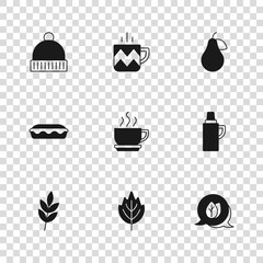 Wall Mural - Set Leaf, Thermos container, Coffee cup, Pear, Winter hat, Cup tea and Homemade pie icon. Vector