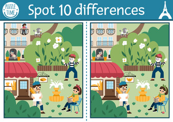 Wall Mural - Find differences game for children. Educational activity with cute scene in Paris street. Puzzle for kids with funny French people, buildings. Printable worksheet or page with France symbol.