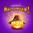 © НАТАЛИЯ К - Pumpkin bright orange in a hat with glowing eyes in the style of realism with silhouettes of leaves and cobwebs and the inscription HAPPY HALLOWEEN on a purple square background. Vector illustration.