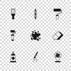 Poster - Set Paint brush, Eraser or rubber, spray, roller, Marker pen and icon. Vector