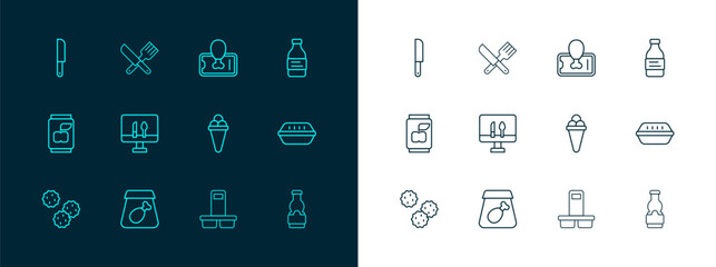 Poster - Set line Bottle of water, Online ordering meal, Ice cream waffle, Coffee cup to go, food, Food on mobile, Knife and Crossed knife and fork icon. Vector