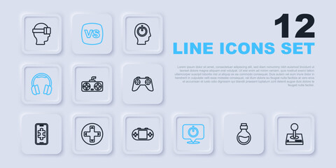 Poster - Set line Bottle with magic elixir, Joystick for arcade machine, Game controller joystick, Power button, Headphones, VS Versus battle and Portable video game console icon. Vector