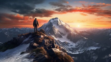 Wall Mural - A person standing on top of a mountain at sunset.