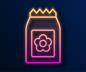 Sticker - Glowing neon line Pack full of seeds of a specific plant icon isolated on black background. Vector