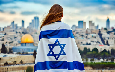 Woman wrapped with Israel flag