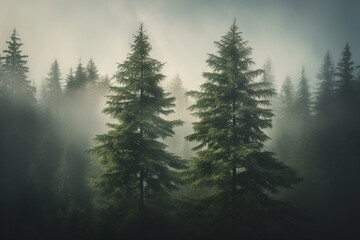 Two fir trees in a foggy forest