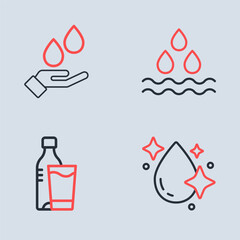 Poster - Set line Water drop, Bottle of water with glass, and Washing hands soap icon. Vector