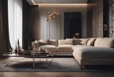 Fototapeta  - Elegant living room with a close-up of a comfortable sofa area rug and luxurious modern furniture