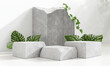 Stone product display podium stand with monstera leaf on white background. 3D rendering	
