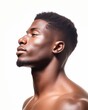 Portrait black man with flawless and glowing melanin skin isolated on white background, side view, Afro American male model, spa and clinic, beauty for men, male skin care 