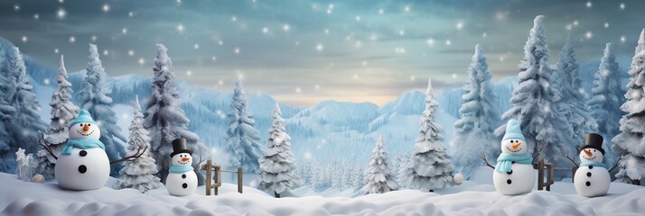 Wall Mural - Merry Christmas and happy New Year greeting card with copy space.Many snowmen standing in winter Christmas landscape. Winter background banner.