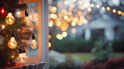 Close up of  fairy light bulbs in the decoration of the Christmas and new year celebration yard on blurred shiny home backyard background, winter holiday season outdoor background, with copy space.