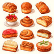 Brioche, bread icons. Bakery pastry products. Sweet desserts, watercolor illustration