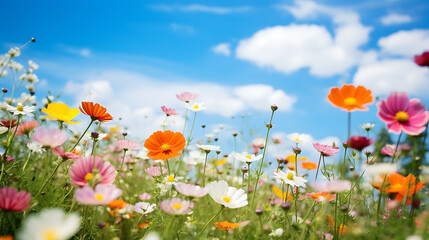 Wall Mural - beautiful flowers bloom with blue sky in the spring field, soft focus