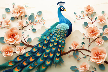 Wall Mural - A colorful peacock sits on a branch with beautiful bright flowers, illustration