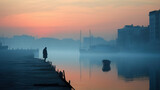 Fototapeta  - lonely person on wooden dock on foggy harbor