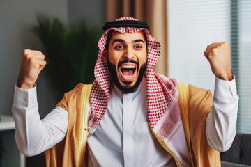 Handsome young arab man smiling and rejoicing after success. Happy man celebrating business success on sofa in living room with computer.