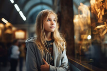 Young Girl Exploring A Museum With Curiosity