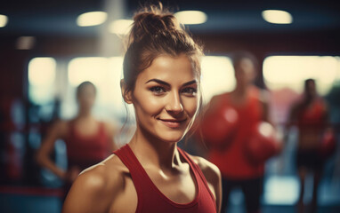 Poster - A young beautiful woman practicing boxing in the gym