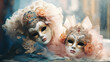 two venetian carnival masks on a table in a dreamcore style
