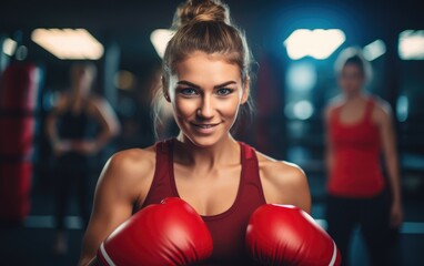 Poster - A young beautiful woman practicing boxing in the gym